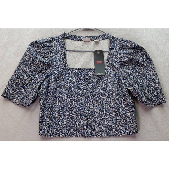 Levi's Crop Top Womens Small Multi Floral Cotton Joella Puff Sleeve Button Front - Picture 1 of 9